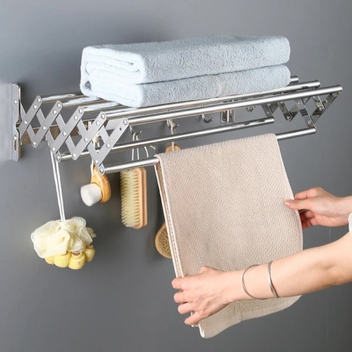 Suport pliabil pentru prosoape, din inox, cu 7 bare, 5 carlige, dimensiuni 12-35.5 cm x 58 cm x 14.5 cm, fixare pe perete, argintiu