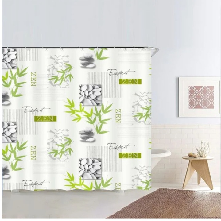 Perdea dus, model pietre, ramuri, bambus, zen, alb/verde, PEVA, 180x180cm