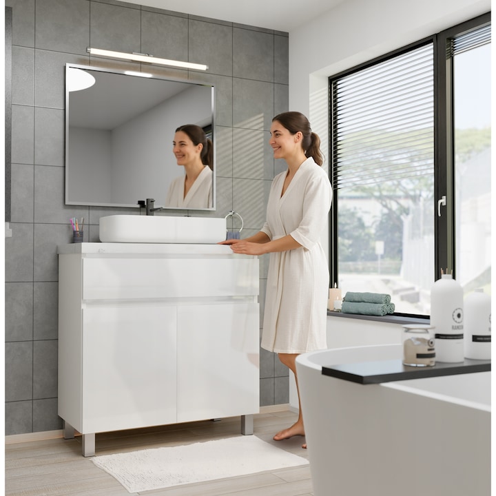 Dulap de baie 80, paplinskimoebel, Ariza 80, Alb, cu blat, alb lucios lacuit, sub lavoar, suspendat sau pe podea, 2 usi, sertar cu organizator si soft close, spatiu de depozitare, picioare reglabile, 83.7 x 81 x 40 cm