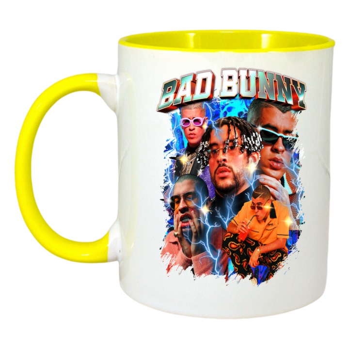 Cana Bad Bunny - Blue Flame, Cri-Flo, Ceramica, 330ml. Maner si interior Galben