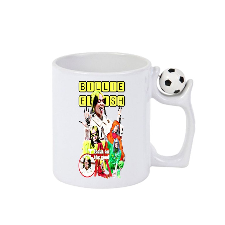 Cana Billie Eilish - Focus on the Good, Cri-Flo, Ceramica, 330ml. Minge rotativa antistres, Maner si interior Alb/Negru