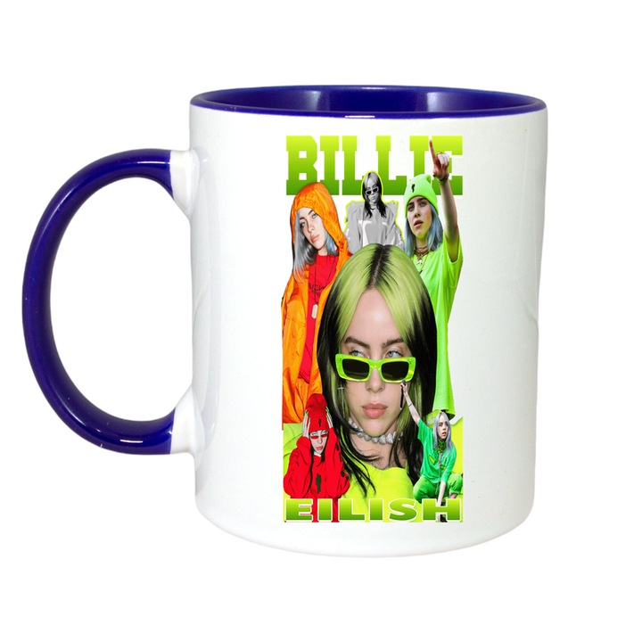 Cana Billie Eilish - Green Hair Style 2, Cri-Flo, Ceramica, 330ml. Maner si interior Albastru
