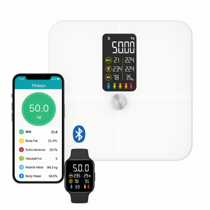 Умна везна Welland – 17 индекса за телесен анализ, Bluetooth, цветен LCD, съвместима с Fitdays / Fitbit / Apple Health – бяла, 180 кг