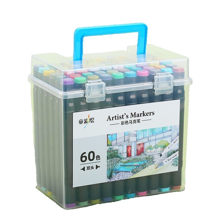 Set Cutie 60 Markere, cu Alcool, Artist Markers, Cutie Plastic cu Maner, Multicolor