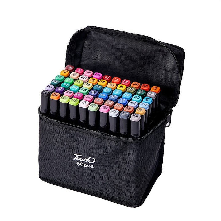 Set 60 Markere, Leski, cu Alcool, Touch Room, Geanta Inclusa, 2 Varfuri, Multicolor