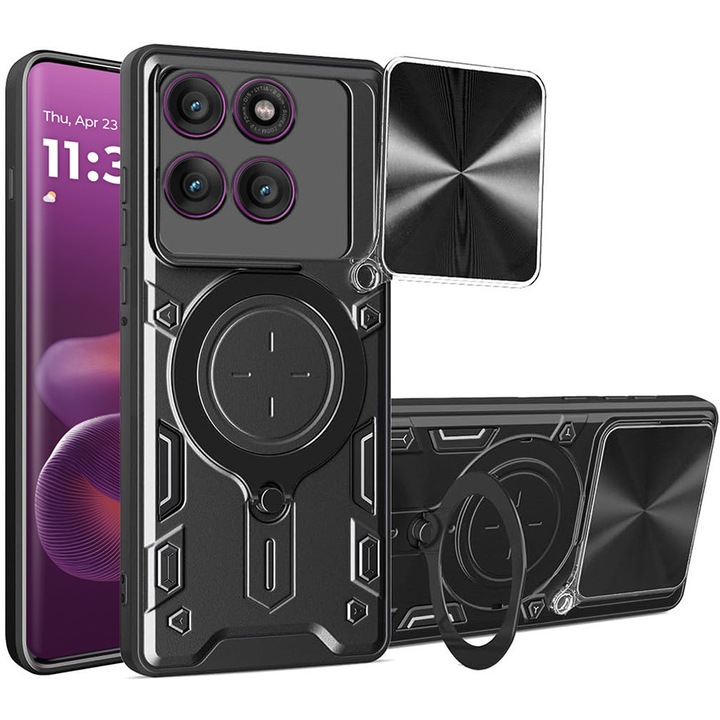 Калъф Aiyando, за Motorola Edge 60 Pro със защита на камерата и вграден магнитен държач, удароустойчив, черен