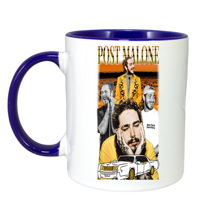 Cana Post Malone - Yellow Mood, Cri-Flo, Ceramica, 330ml. Maner si interior Albastru