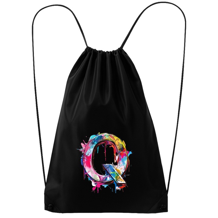 Rucsac tip ghiozdan Alfabet Litera Q cu graffiti, design exploziv, arta urbana, Poliester, Cri-flo. Culoare Negru, Marime 34 x 45 cm