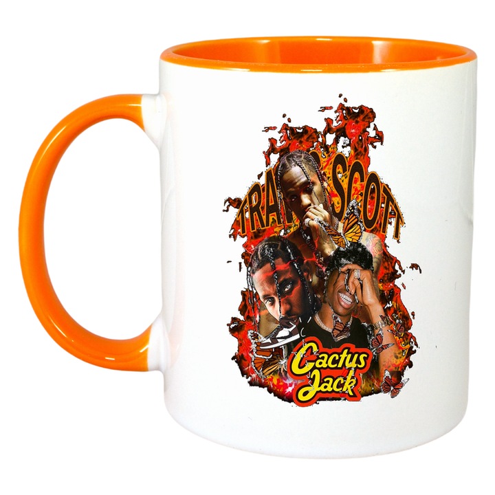 Cana Travis Scott - Cactus Jack Flames, Cri-Flo, Ceramica, 330ml. Maner si interior Portocaliu