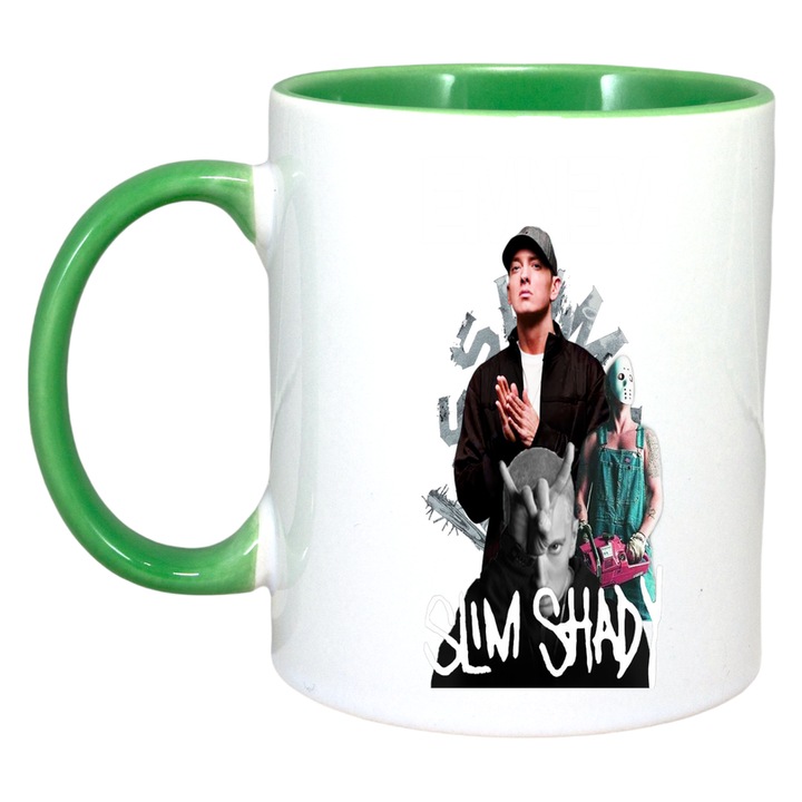 Cana Eminem SLIM SHADY minimal, Cri-Flo, Ceramica, 330ml. Maner si interior Verde