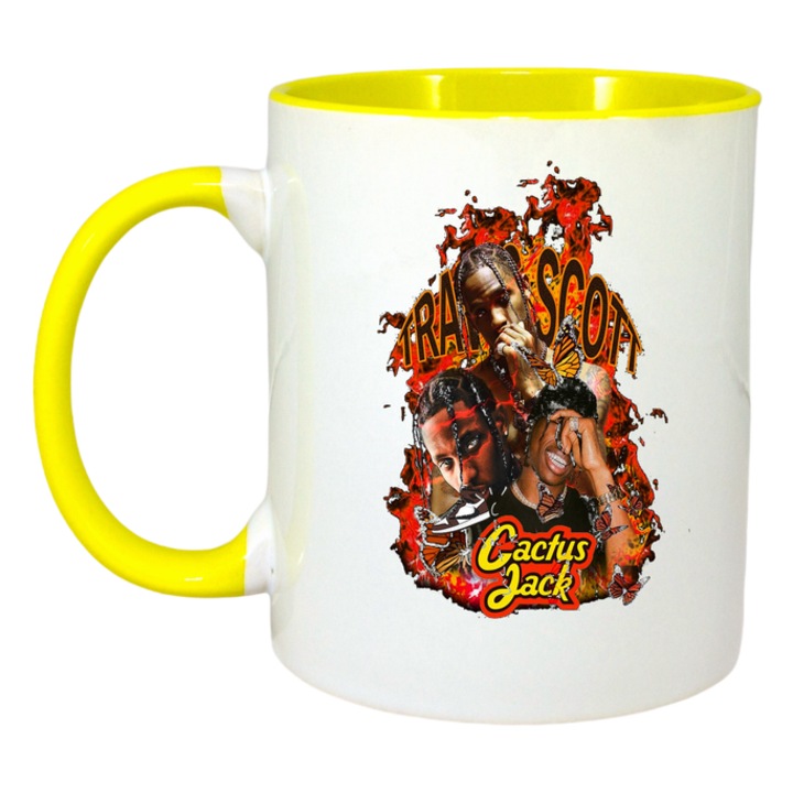 Cana Travis Scott - Cactus Jack Flames, Cri-Flo, Ceramica, 330ml. Maner si interior Galben