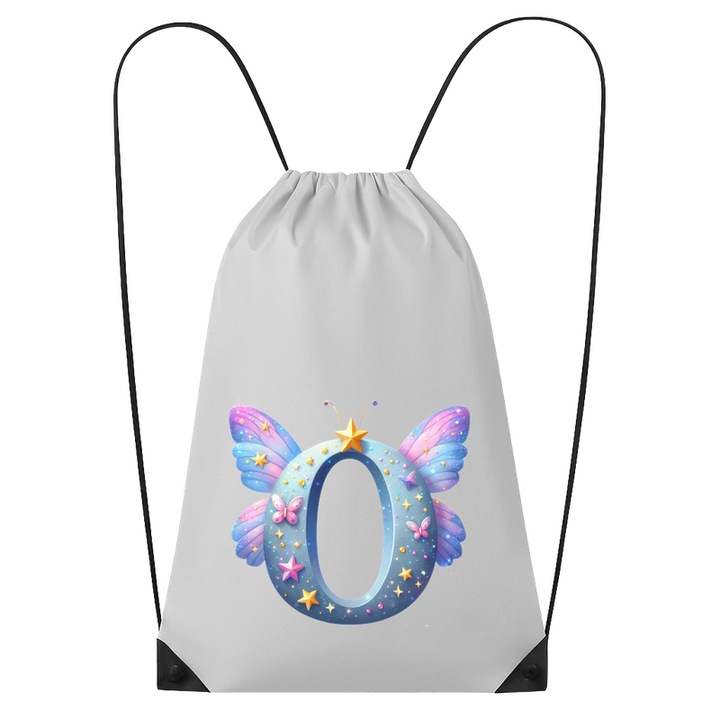 Rucsac tip ghiozdan Alfabet Litera O cu fluturi colorati, stele aurii, flori colorate, Poliester, Cri-flo. Culoare Alb, Marime 34 x 45 cm