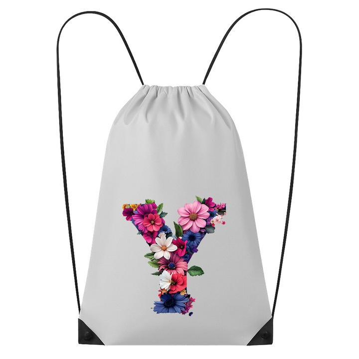 Rucsac tip ghiozdan Alfabet Litera Y cu flori, margarete, flori colorate, Poliester, Cri-flo. Culoare Alb, Marime 34 x 45 cm