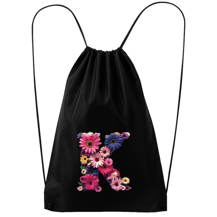 Rucsac tip ghiozdan Alfabet Litera K cu flori, margarete, flori colorate, Poliester, Cri-flo. Culoare Negru, Marime 34 x 45 cm