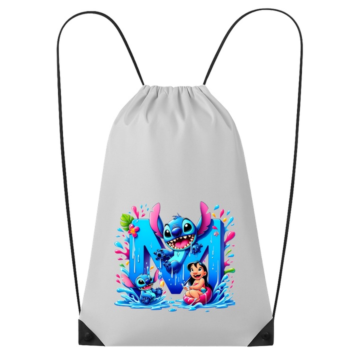 Rucsac tip ghiozdan Alfabet Litera M cu Lilo si Stitch albastru, veselie mare, Mare, Poliester, Cri-flo. Culoare Alb, Marime 34 x 45 cm