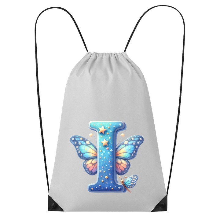 Rucsac tip ghiozdan Alfabet Litera I cu fluturi colorati, stele aurii, flori colorate, Poliester, Cri-flo. Culoare Alb, Marime 34 x 45 cm