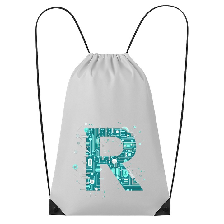 Rucsac tip ghiozdan Alfabet Litera R cu circuite, cyber, tehnologie, Poliester, Cri-flo. Culoare Alb, Marime 34 x 45 cm