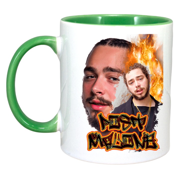 Cana Post Malone - Flames Style, Cri-Flo, Ceramica, 330ml. Maner si interior Verde