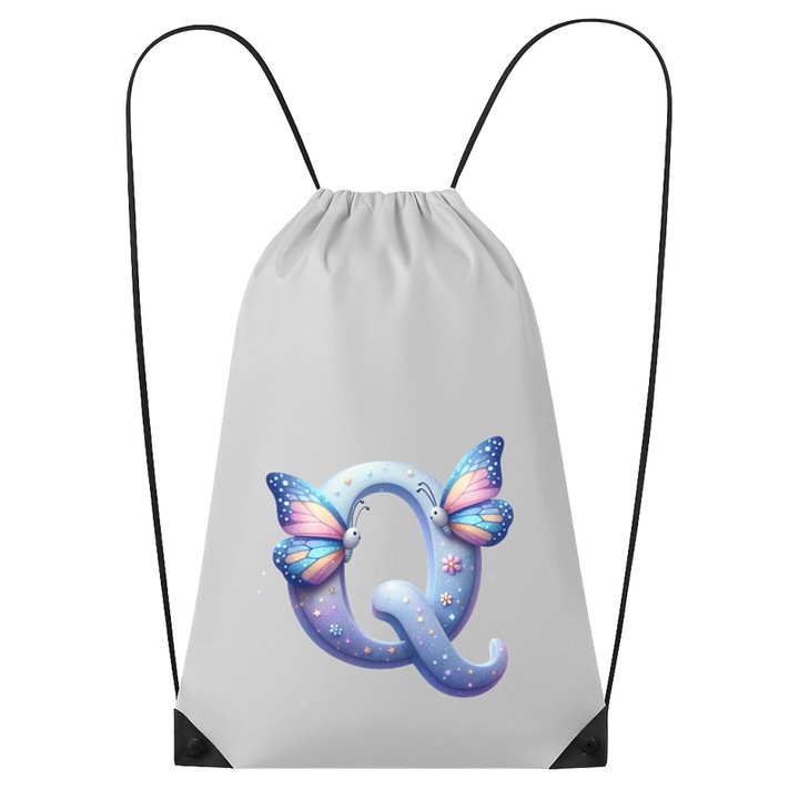 Rucsac tip ghiozdan Alfabet Litera Q cu fluturi colorati, stele aurii, flori colorate, Poliester, Cri-flo. Culoare Alb, Marime 34 x 45 cm