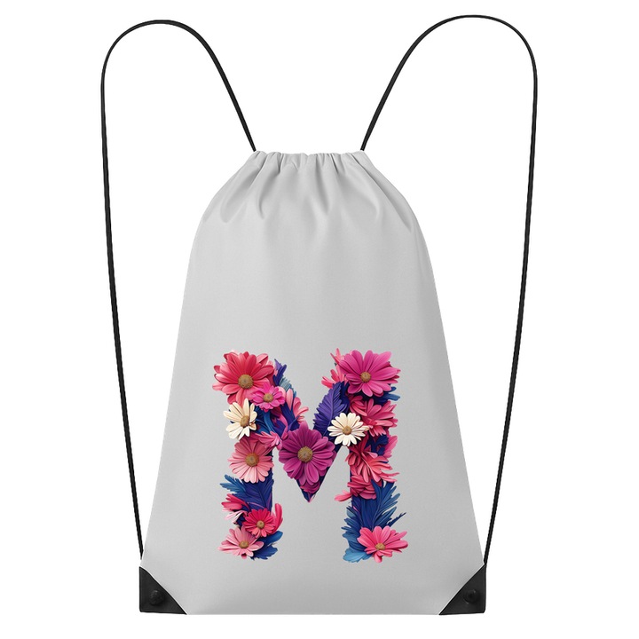 Rucsac tip ghiozdan Alfabet Litera M cu flori, margarete, flori colorate, Poliester, Cri-flo. Culoare Alb, Marime 34 x 45 cm
