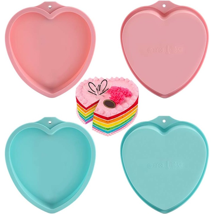 Forme de tort - Set de 4, Forme de tort din silicon in forma de inima de 20 cm, Set de forme de copt, Seturi de forme de tort pentru copt, Tava antiaderenta pentru tort in straturi, Forma de tort din silicon pentru torturi in straturi/clatite/pizza