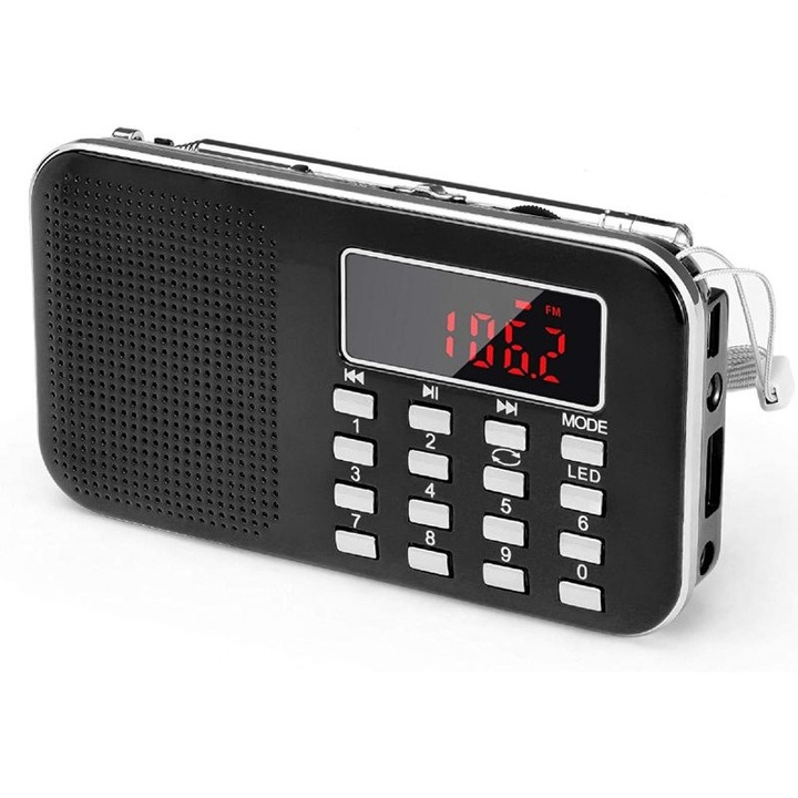 Mini hordozható zsebrádió FM LED zseblámpával, digitális rádió hangszóró Micro SD/TF kártyával/USB-vel kompatibilis, automatikus keresés és mentés, 600 mAh-s újratölthető akkumulátorral működik