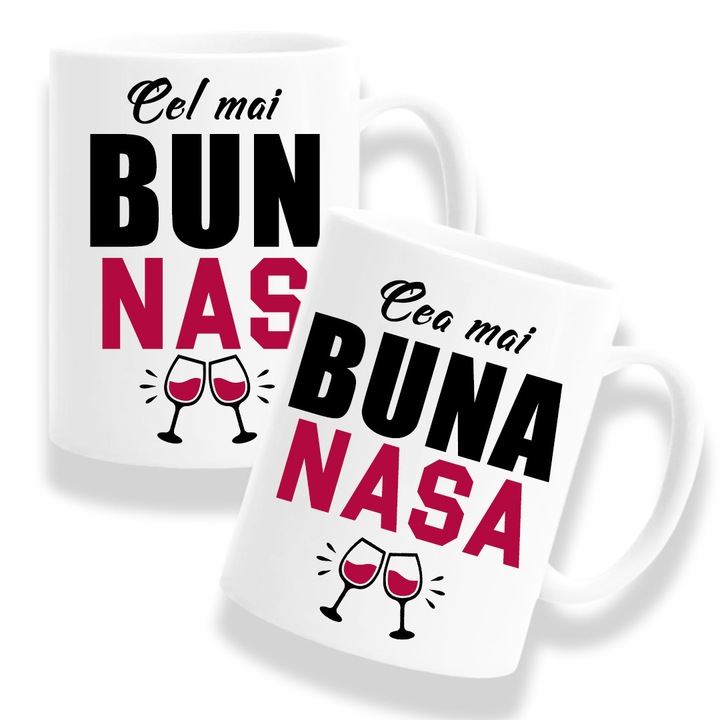 Set 2 Cani Personalizate pentru nasi cu mesaj:"Cea mai buna nasa, Cel mai bun nas", Model pahare, Betaprint, 330ml, ceramica