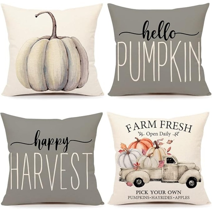 Комплект от 4 есенни калъфки за възглавници 45x45 см, сиви, с мотиви от тиква