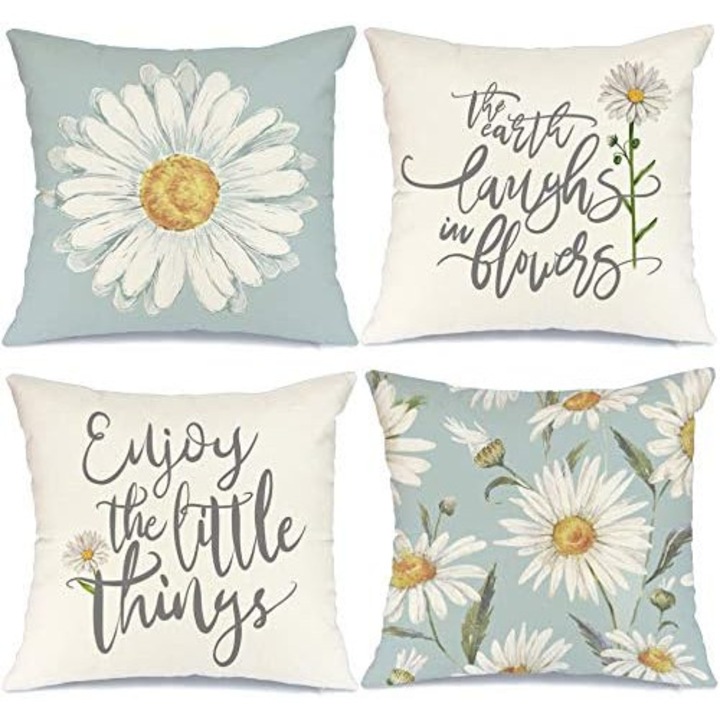 Fete de perna 45x45 cm, set de 4, decor de margarete, decoratiuni de vara, floarea-soarelui, fete de perna decorative albastre, decor de primavara, casa de la tara, fete de perna pentru canapea, canapea extensibila