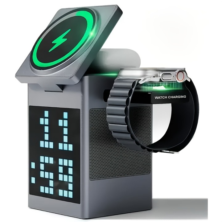 3 az 1-ben vezeték nélküli töltőállomás, Bluetooth hangszóró, Pixel Clock, szürke, 15W