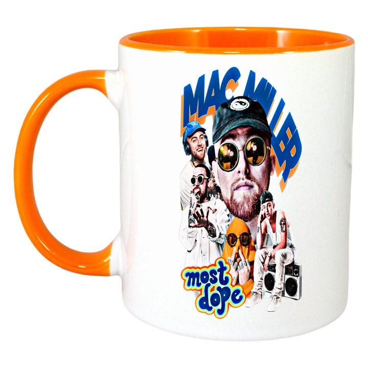 Cana Mac Miller - Most Dope stil colaj, Cri-Flo, Ceramica, 330ml. Maner si interior Portocaliu