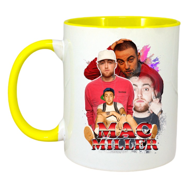 Cana Mac Miller - Haine casual, colaj fete, Cri-Flo, Ceramica, 330ml. Maner si interior Galben