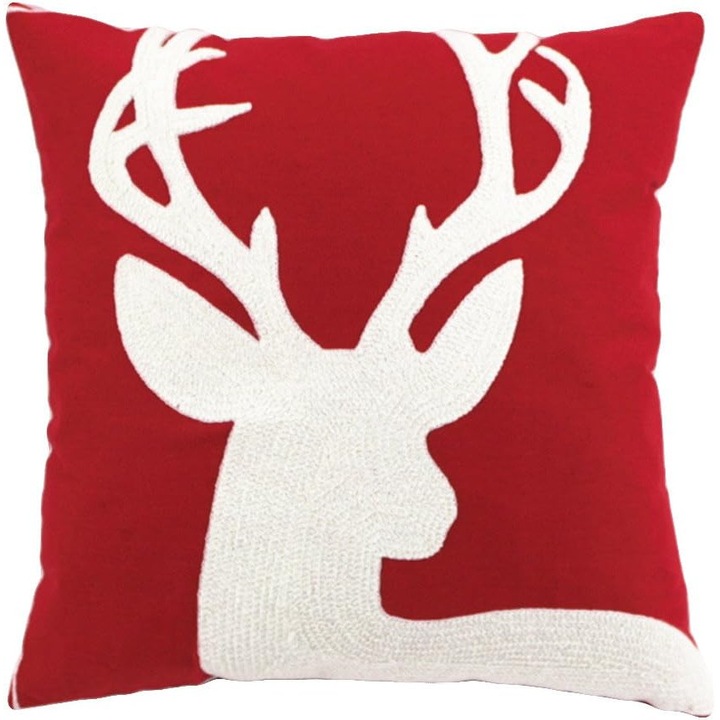 Pachet de 1 fete de perna de Craciun, broderie cu sanie si fulgi de zapada, decorative de iarna, patrate, huse de perna, scoici, 45 x 45 cm, pentru pat, canapea, canapea (cerb rosu (set de 1 buc))