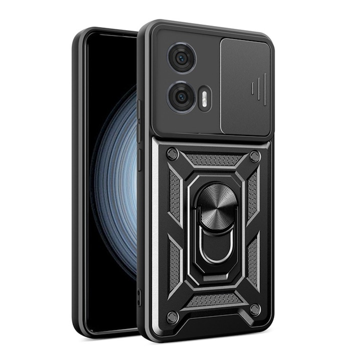 Telefontok Motorola Edge 50 Fusion-hoz, Csúszó kamera lencsevédő, 360°-ban forgatható gyűrű, Fekete