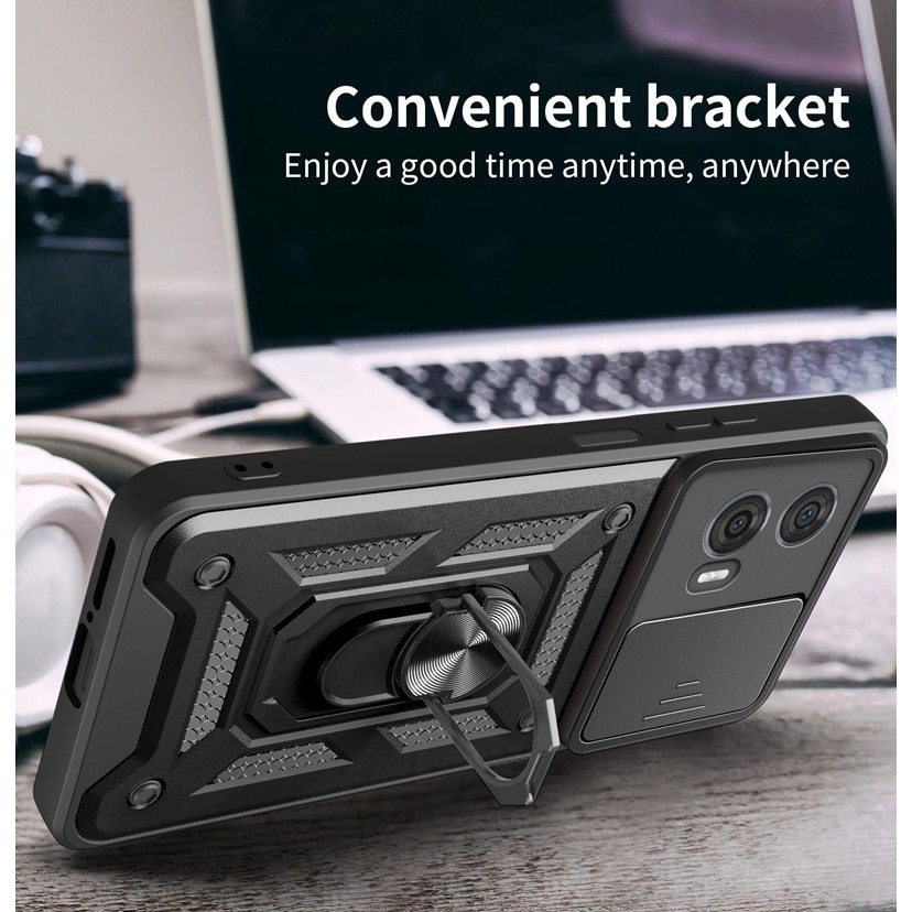 Husa telefon, pentru Motorola Edge 50 Fusion, Capac de obiectiv al camerei glisante, inel rotativ 360°, Negru