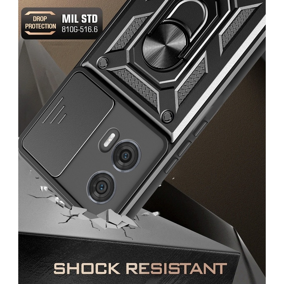Husa telefon, pentru Motorola Edge 50 Fusion, Capac de obiectiv al camerei glisante, inel rotativ 360°, Negru