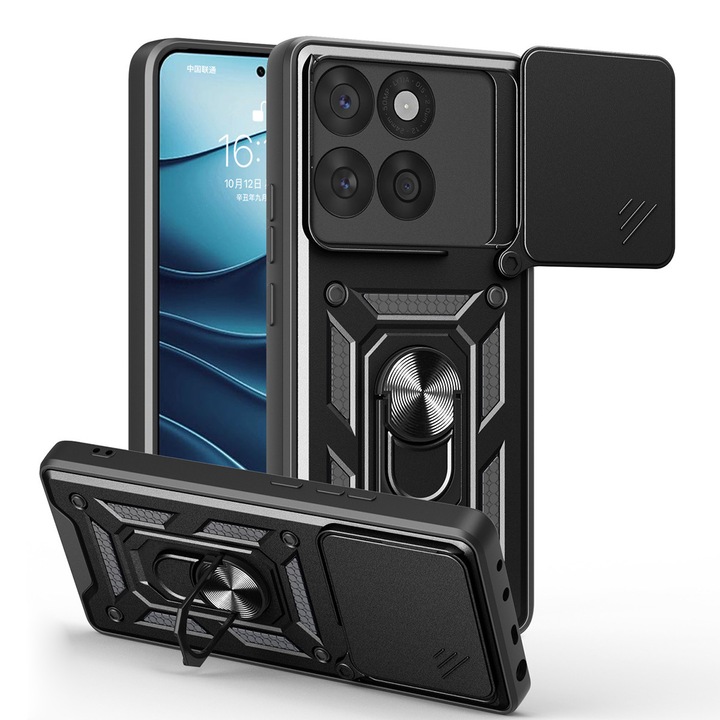 Husa telefon, pentru Motorola Edge 60 Fusion, Capac de obiectiv al camerei glisante, inel rotativ 360°, Negru