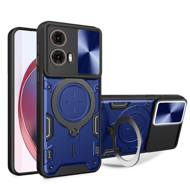 Husa telefon, pentru Motorola Edge 50 Fusion, Capacul obiectivului camerei glisante, Inel rotativ 360 ° Kickstand, Albastru denim