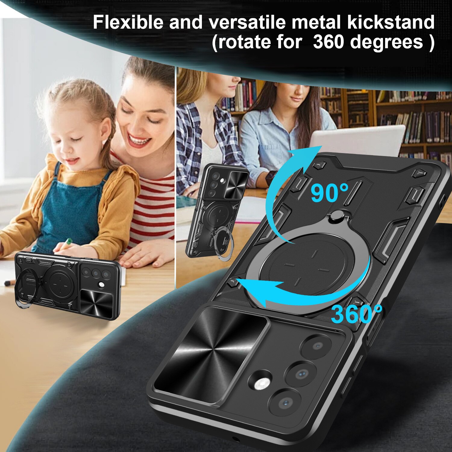 Husa telefon, pentru Motorola Edge 50 Fusion, Capacul obiectivului camerei glisante, Inel rotativ 360 ° Kickstand, Albastru denim