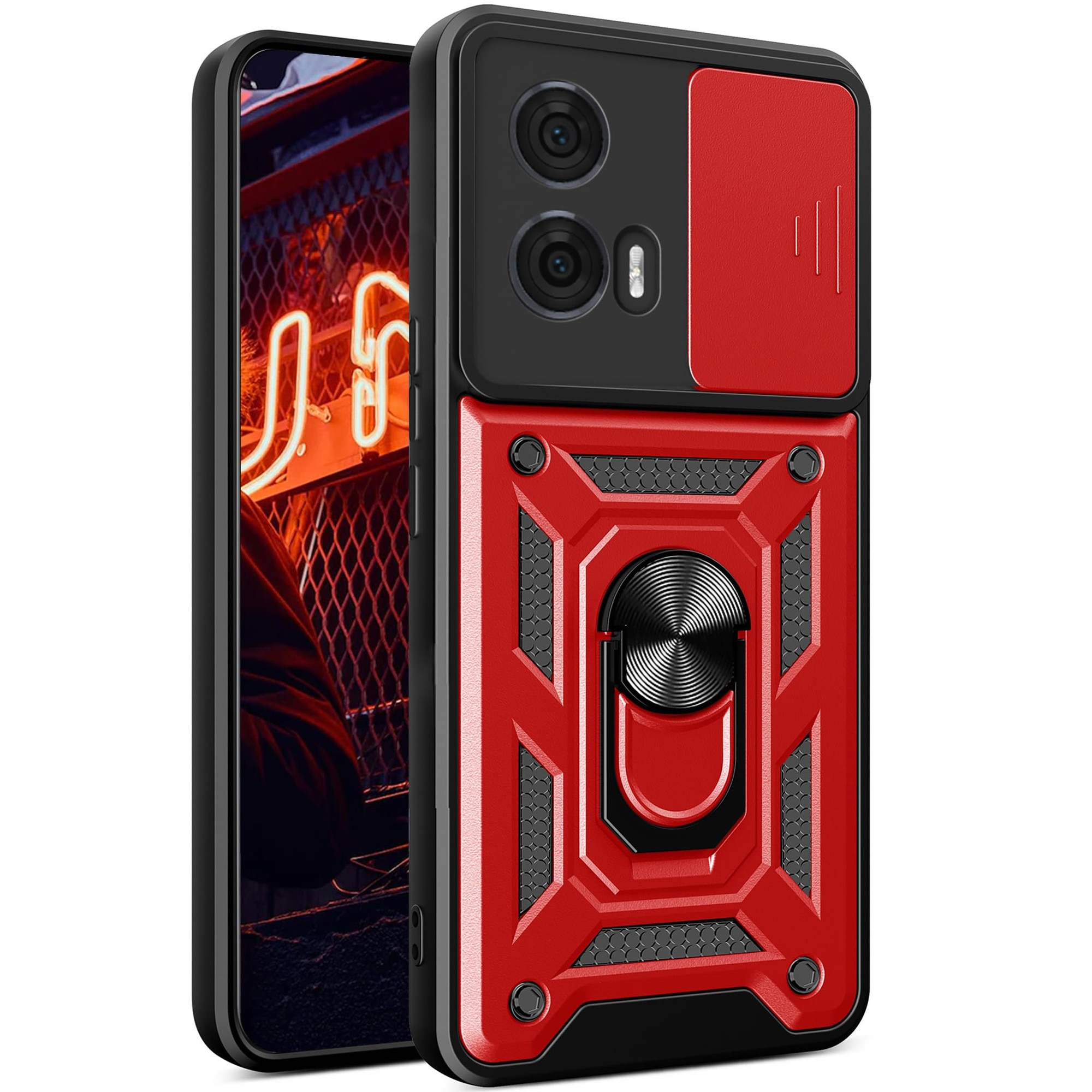 Husa telefon, pentru Motorola Edge 50 Fusion, Capac de obiectiv al camerei glisante, inel rotativ 360°, Rosu
