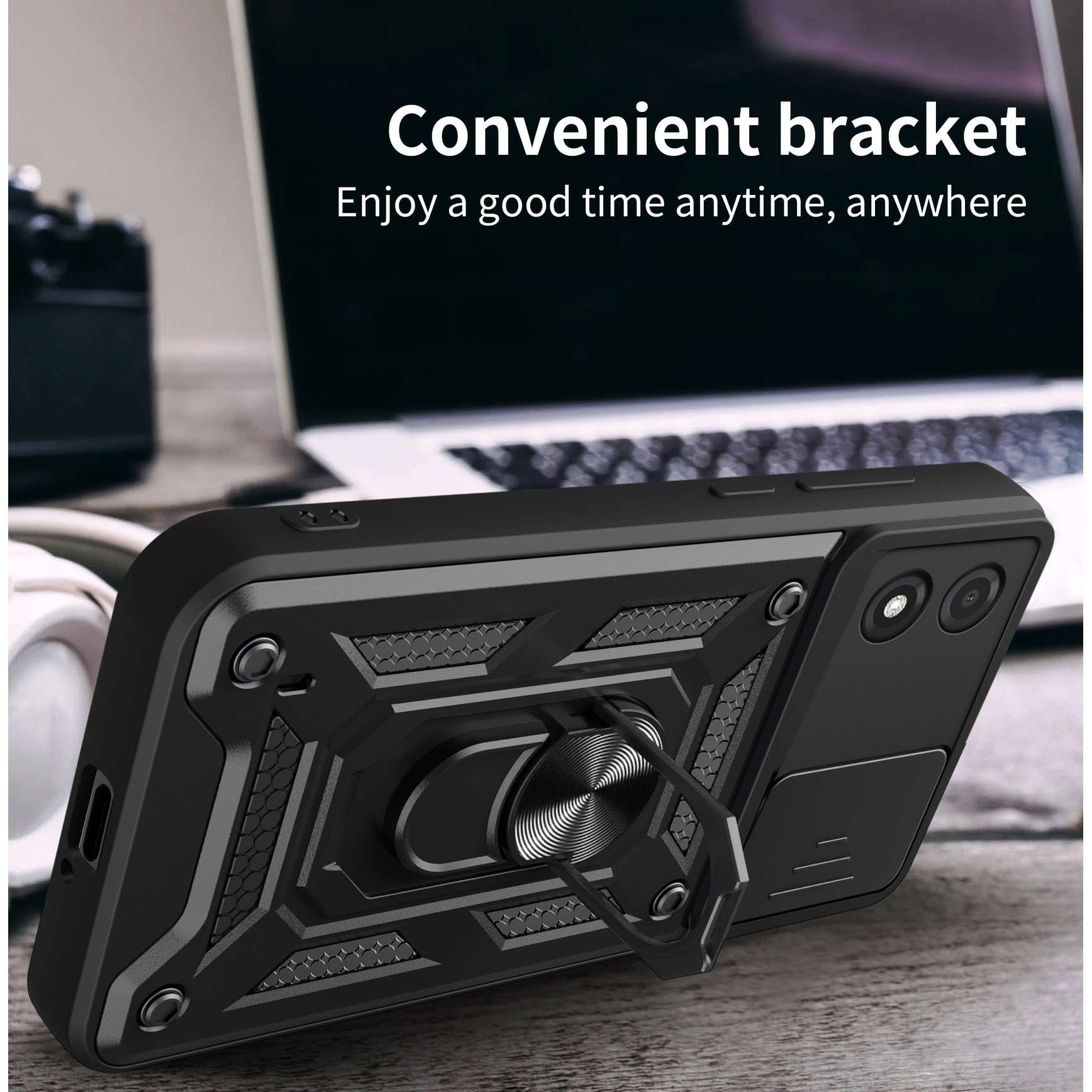 Husa telefon, pentru Motorola E13 4G, Capac de obiectiv al camerei glisante, inel rotativ 360°, Negru
