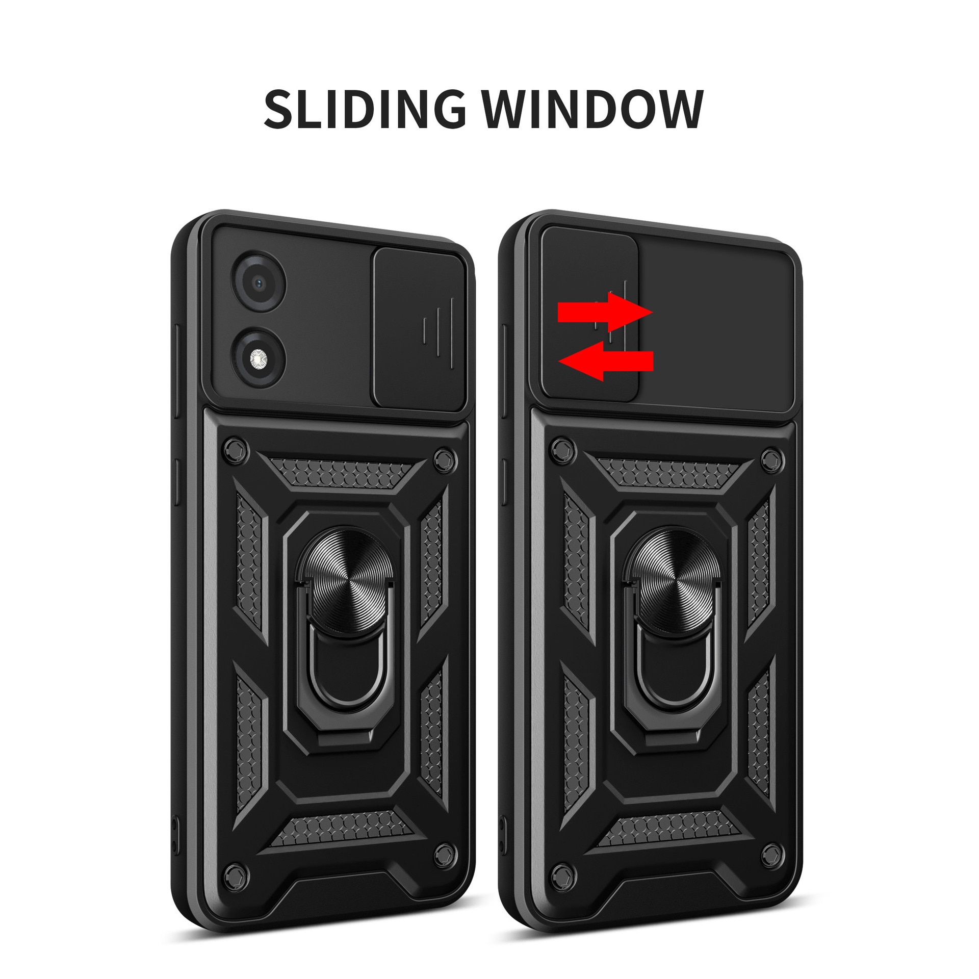 Husa telefon, pentru Motorola E13 4G, Capac de obiectiv al camerei glisante, inel rotativ 360°, Negru