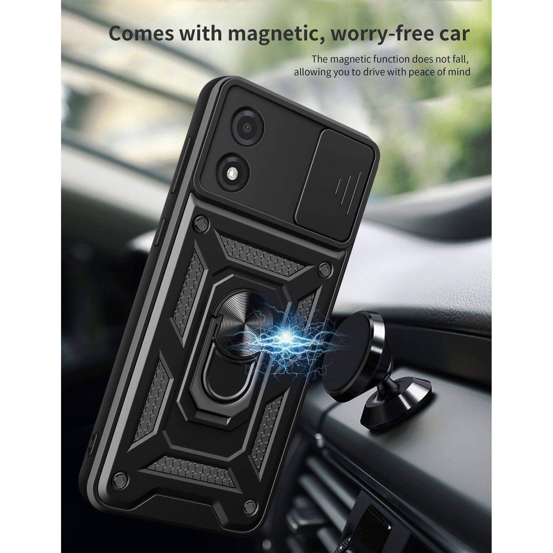 Husa telefon, pentru Motorola E13 4G, Capac de obiectiv al camerei glisante, inel rotativ 360°, Negru