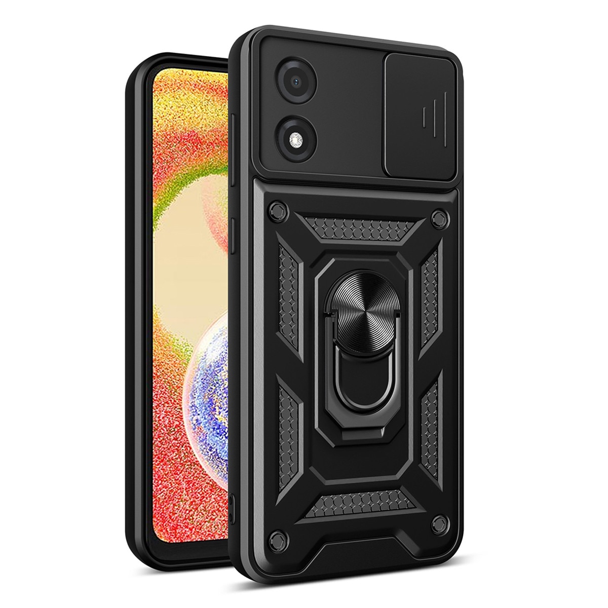 Husa telefon, pentru Motorola E13 4G, Capac de obiectiv al camerei glisante, inel rotativ 360°, Negru