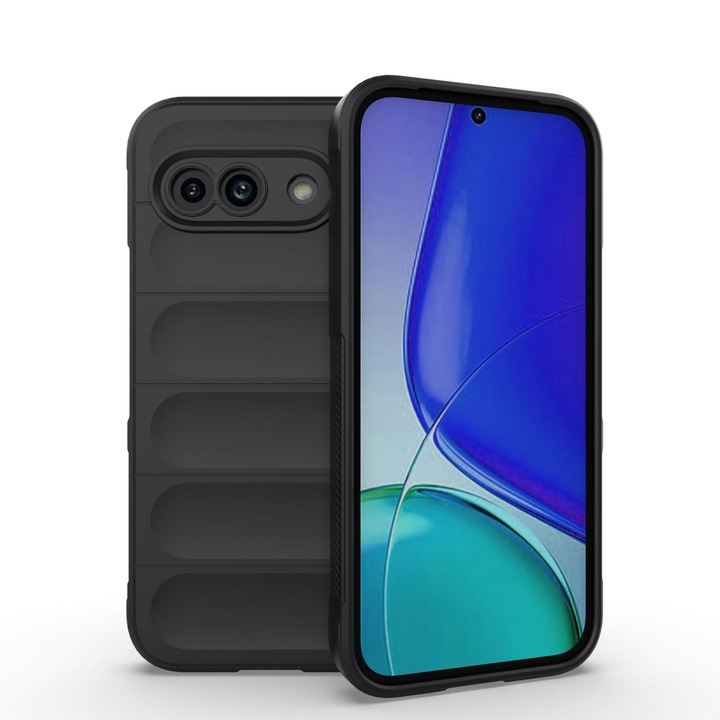 Husa telefon, pentru Google Pixel 9a 5G, Heavy Duty 3D cu dungi senzoriale Soft Silicone Full Portection Rezistent la socuri, Negru intens
