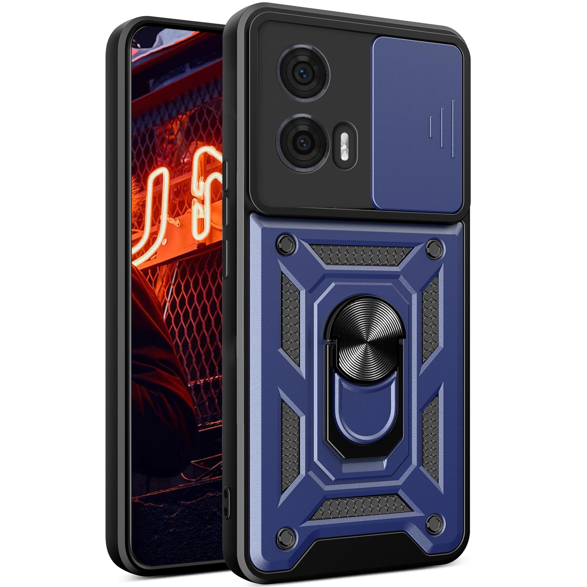 Husa telefon, pentru Motorola Edge 50 Fusion, Capac de obiectiv al camerei glisante, inel rotativ 360°, Albastru