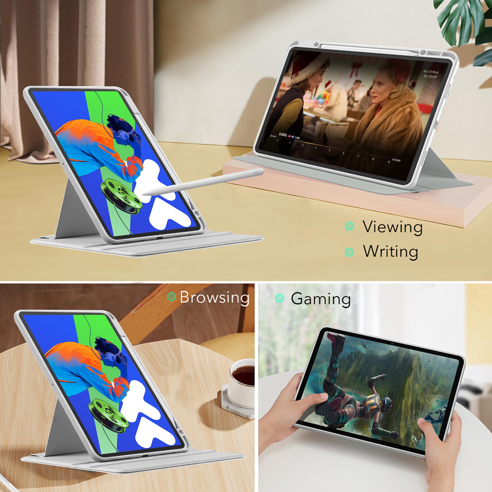 Husa tableta, pentru Redmi Pad SE 8.7 Inch, Casa de protectie pentru tablete cu slot pentru stilou, acrilic 360 ° design rotativ, trezire automata / somn, Gri transparent