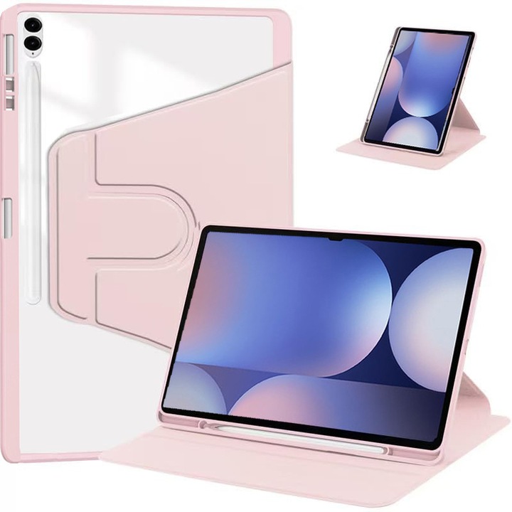 Tabletta tok, Samsung Galaxy Tab S10+ készülékhez, Védőtok tablettákhoz tolltartóval, akril 360°-ban forgatható design, automatikus ébresztés / alvás, átlátszó rózsaszín