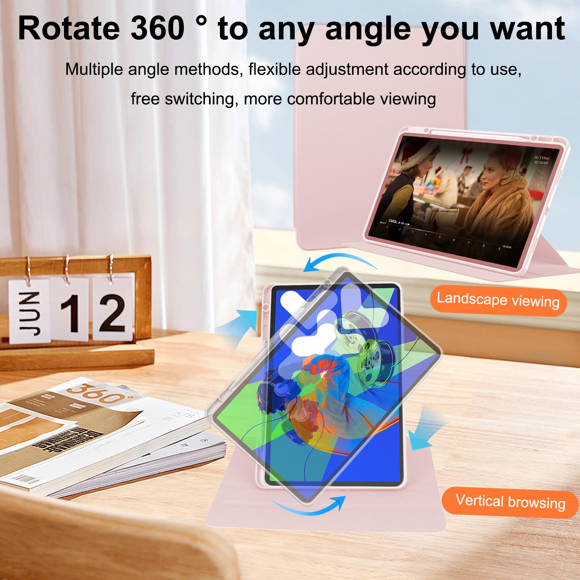 Husa tableta, pentru Lenovo Idea Tab Pro 12.7 Inch, pentru tablete cu slot pentru stilou, acrilic 360 ° design rotativ, trezire automata / somn, Roz transparent