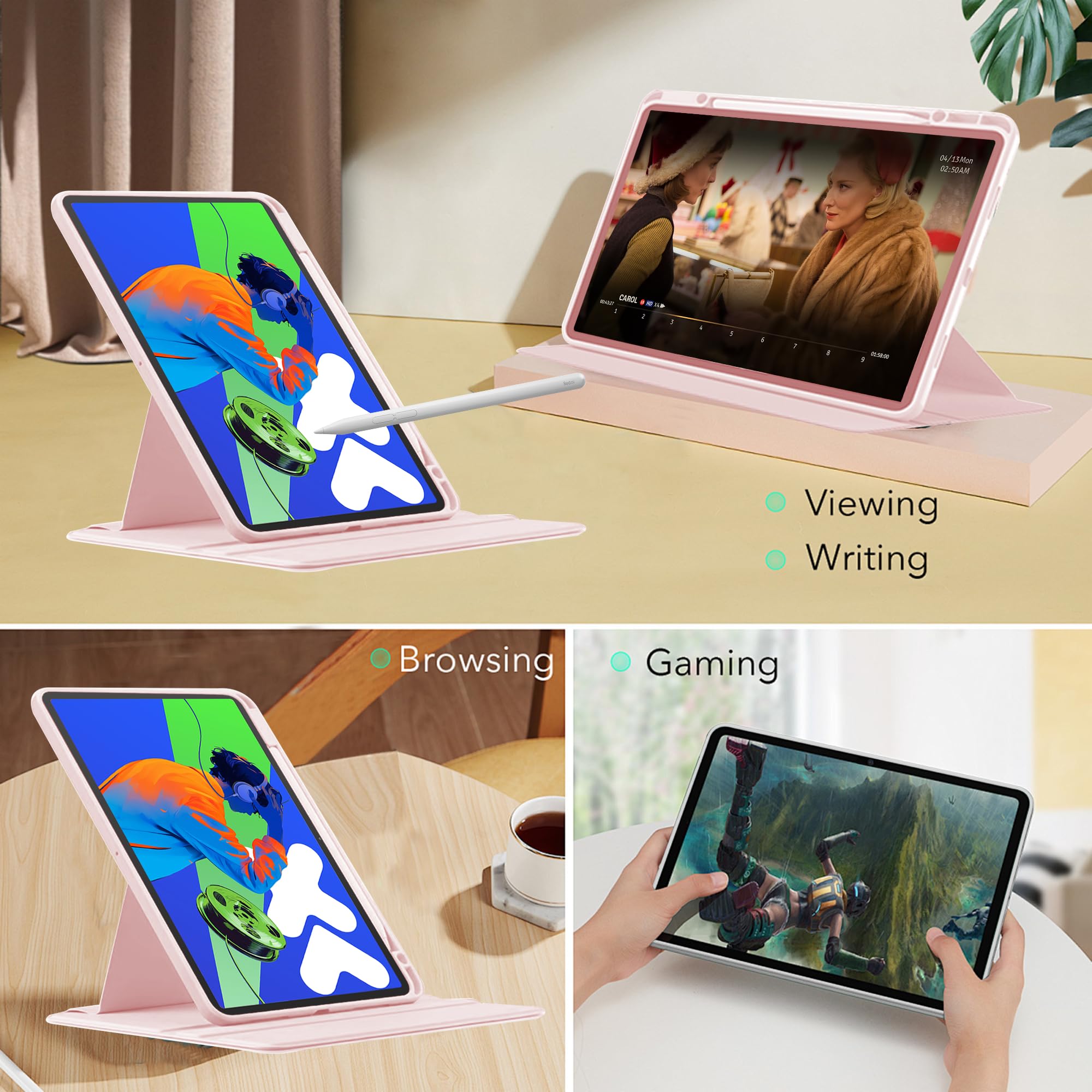 Husa tableta, pentru Lenovo Idea Tab Pro 12.7 Inch, pentru tablete cu slot pentru stilou, acrilic 360 ° design rotativ, trezire automata / somn, Roz transparent
